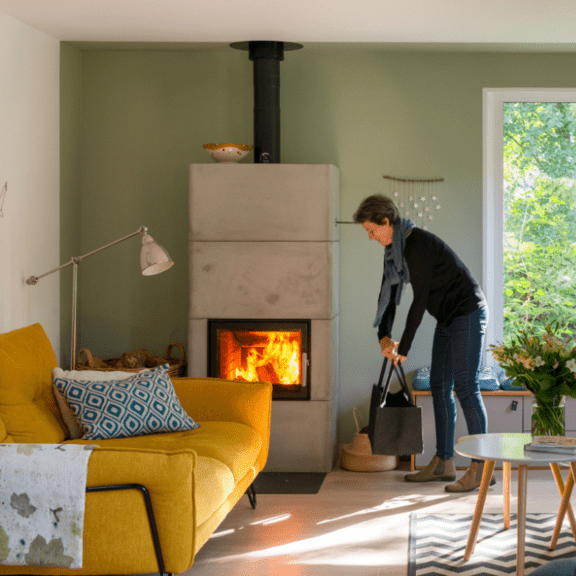 femme devant son poêle de masse en feu